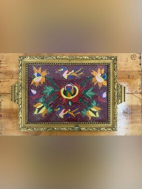 Vintage 70’s Framed Needlepoint Embroidered Floral Glass Vanity Gold Tray